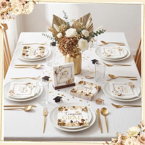 80 Pcs Boho Graduation Napkins, 6.5 Inch Boho Floral Congrats Grad Party Napkins Gold and White Class of 2026 Paper Napkin for High School College Graduation Party Decorations view 5
