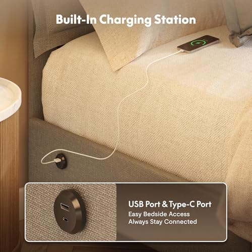 FLEXISPOT Queen Flange Edge Upholstered Platform Bed Frame & Adjustable Headboard–900 lbs,USB&Type-C Charging Ports,SGS Certified–Soft Padded Frame for Any Bedroom Style, Light Grey. view 3