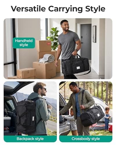 BAGSAMRT 60L Foldable Duffle Bag for Travel, Large Travel Duffel Bag for Men, 4 in 1 Travel Backpack, Carry on Weekender Bag, Black view 5