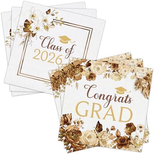 80 Pcs Boho Graduation Napkins, 6.5 Inch Boho Floral Congrats Grad Party Napkins Gold and White Class of 2026 Paper Napkin for High School College Graduation Party Decorations — image 1