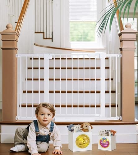 Cumbor 29.7-48" Baby Gate for Stairs, Mom's Choice Awards Winner-Dog Gates for Doorways, Auto Close Safety Pet Gate for Dogs Indoor, Easy Install Pressure Mounted Child Gate with Walk Thru Door, White — image 1