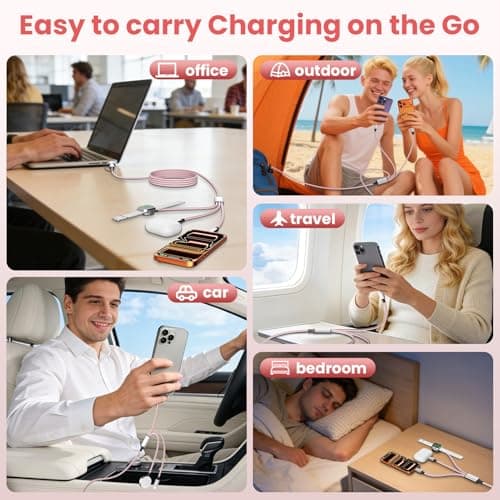 3 in 2 Multi Charging Cable for iWatch Charger/IP/USB C,Travel Cruise Essentials,Pink 1-Pack 5FT Braided USB A/C Cable Designed for Multiple Devices,Car Accessories for iWatch Ultra/SE & iPhone 17-11 view 5