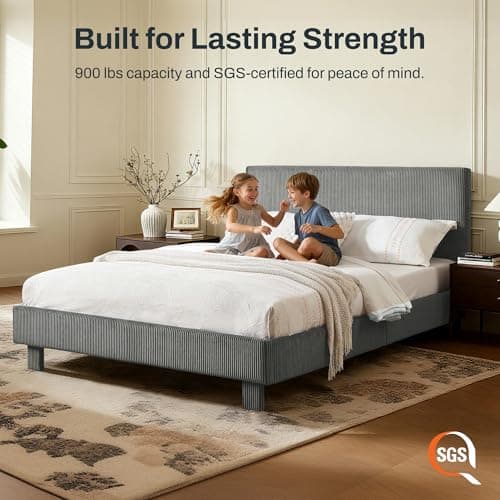 FLEXISPOT Queen Bed Frame with Adjustable Headboard, Velvet Upholstered Bed Frame with Vertical Channel Design, Plush Padding, Bonus LED Wall Light, No Box Spring Needed, Easy Assembly, Dark Grey view 6