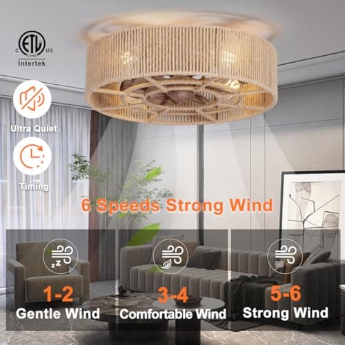 SHLUCE 18" Boho Caged Ceiling Fan with Light, Fandelier Flush Mount Ceiling Fan with Light, Small Low Profile Bladeless Ceiling Fans with Lights and Remote for Bedroom, Living Room, Rattan - ETL view 3