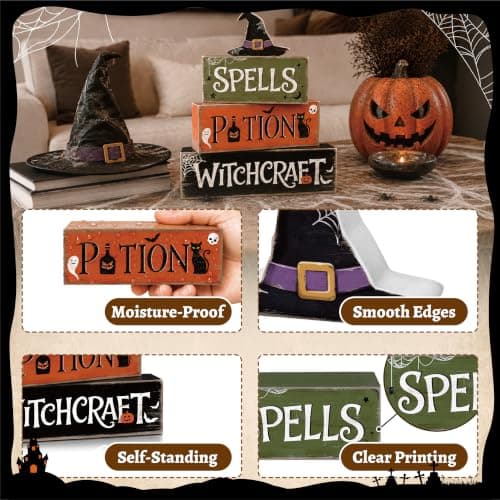 4 Pcs Hocus Pocus Decor, Vintage Halloween Decorations Indoor Table Sign | Halloween Kitchen Decor, Wooden Witch Hat Halloween Party Centerpieces, Tiered Tray Decor for Office Home Mantel Shelf view 3