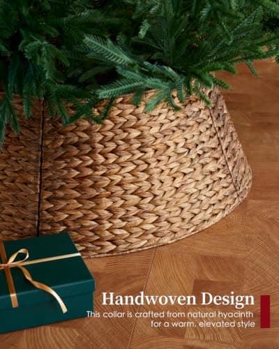 28in Christmas Tree Collar - Woven Hyacinth Tree Collars for Artificial Trees - Rattan Rustic Farmhouse Basket for Tree Base Cover with Cord Cut-Out for 6ft 7.5ft Tree (Brown) view 6
