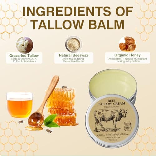 MROUVIK Beef Tallow for Skin, Tallow and Honey Cream,Tallow Face Moisturizer, Natural Grass-Fed Beef Tallow Balm with Raw Honey Moisturizing Cream for Body Lotion Skin Care for Skin (2.47 Oz) view 4