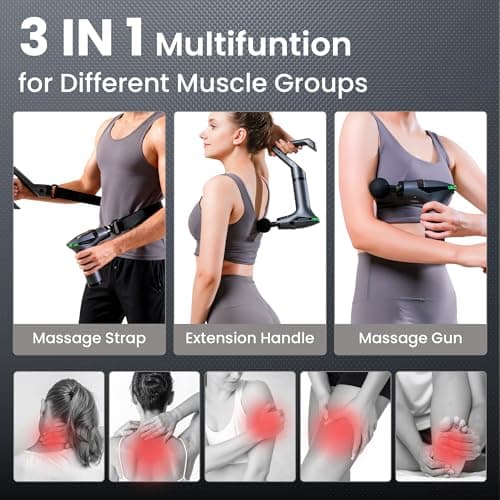 Detachable 3-in-1 Massage Gun with Extension Handle & Massage Strap, Back Pain Relief Percussion Muscle Massager for Neck Shoulder, 12 Speeds &12mm Amplitude for Hard-to-Reach Areas, Quiet & Portable view 2