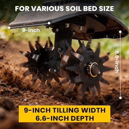 Cordless Tiller Cultivator Compatible with Dewalt 20V Battery(Tool Only), 9-Inch Tilling Width, 6.6-Inch Depth 360RPM Electric Brushless Tiller Garden Rototiller for Lawn/Gardening/Soil Cultivation view 2