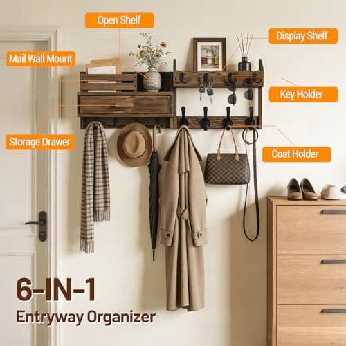 Dellicasi 29" Coat Rack Wall Mount with Shelf & Drawer, Heavy Duty Wood Entryway Organizer, Wall Coat Hanger with 12 Metal Hooks, Wall Mounted Coat Rack Key & Mail Holder for Living Room, Bedroom view 3