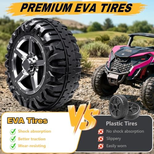 ARBELI 24V 4WD 2 Seater Ride on Toy Car for Kids 3-8, EVA Tires, Pink | 4x200W motors, max 4.5mph & load 133 lbs, remote control, shock absorbers, rainbow lights, bluetooth, 24 volt ride on toys view 4