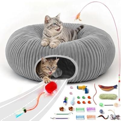 Catails Cat Tunnel Bed with 31 Pcs Interactive Cat Toys, Automatic Cat Toys for Indoor Cats Kittens, Cat Tube with Moving Ball, Grey
