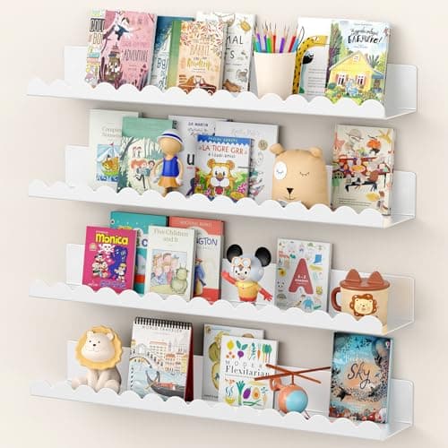 Gattlukd Floating Shelves for Wall, 23 Inch Metal Nursery Book Shelves 4 Pack, Wall Mounted Book Shelf for Kids Room, Bedroom, Bathroom, Playroom Decor （White） view 1