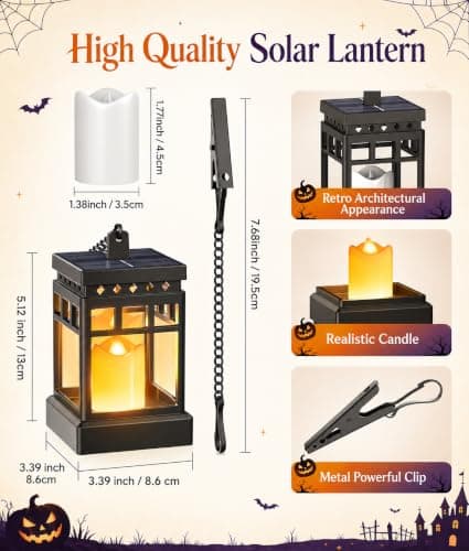 KOOPER Halloween Decorations Solar Lanterns, 2 Modes with Flickering Candle | Flickering Flameless Mode & Constant Light Mode, Hanging Solar Lantern Waterproof for Halloween Decor, Patio, Yard and Tree view 4