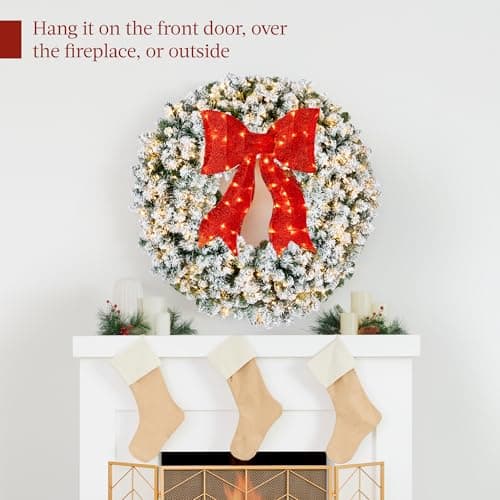Best Choice Products 36in Large Flocked Artificial Pre-Lit Fir Christmas Wreath Holiday Accent Decoration for Door, Mantel w/Red Lighted Bow, 150 LED Lights, 300 PVC Tips, Power Plug-in view 5