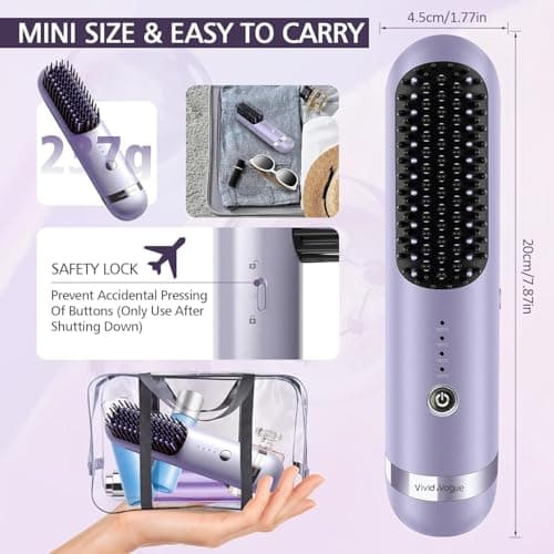 Cordless Hair Straightener Brush, 2 in 1 Curling & Straightening Brush with 200 Million Negative Ions, Mini Travel Hot Straightener Comb for Women, Fast Heating & Dual Voltage view 2