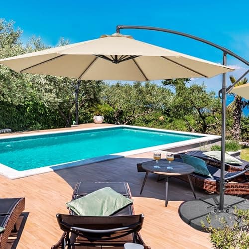 Yaheetech 10FT Patio Offset Umbrella - Cantilever Hanging Outdoor Umbrellas w/UV Protection & 8 Ribs & Handy Crank & Cross Base for Market/Garden/Lawn/Deck/Backyard/Pool - Tan view 2