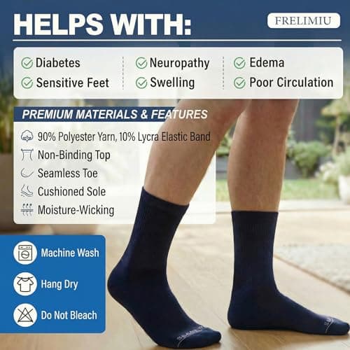 Frelimiu Diabetic Socks for Men, Seamless Crew Socks with Non Binding,Soft Cushioned Sole Sock with Loose Top, Diabetes Sock Men for Neuropathy, lymphedema, Edema, Swollen Feet, 4 Pairs,11-15(XL) view 6