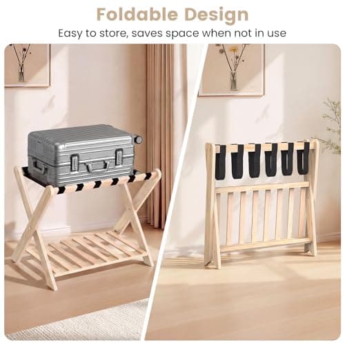 Luggage Rack Set of 2, Sturdy Wooden Luggage Rack for Guest Room, Folding Suitcase Stand with Storage Shelf, Luggage Stand with 6 Nylon Straps for Bedroom, Hotel view 3