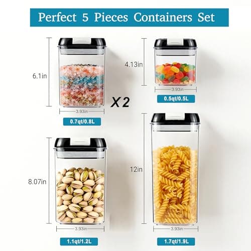OMIO Airtight Food Storage Containers 5-Pack, BPA-Free Stackable Kitchen Canisters for Pantry Organization – Perfect for Cereal, Grains, Flour, Sugar, Snacks (1.9L, 1.2L, 0.8L x2, 0.5L) view 6