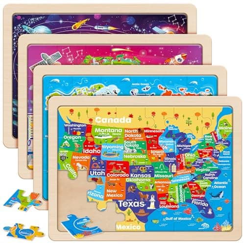 SYNARRY Large US World Earth Solar System Wooden Puzzles for Kids Gift Box(12.2 * 9.4 in), Puzzles for Toddlers 3-5, Wood Puzzles for Kids Ages 4-6, Easter Basket Stuffers Gifts for Kids