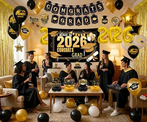 Graduation Party Decorations 2026–Black Gold Grad Banner, Class of Backdrop, Balloons, Fringe Curtains and Foil Balloon, Streamers Kit–Complete Graduation for High School & College Celebrations (Gold) view 2