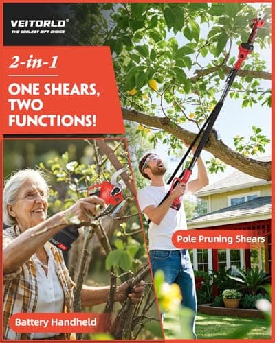 VEITORLD 2-IN-1 Cordless Electric Pole Pruning Shears, 15ft Reach, 1.2" Cutting Diameter, Battery Powered with 2x 2000mAh, Brushless Motor for Efficient Garden Tree Trimming, Branch Cutting（Red） view 2