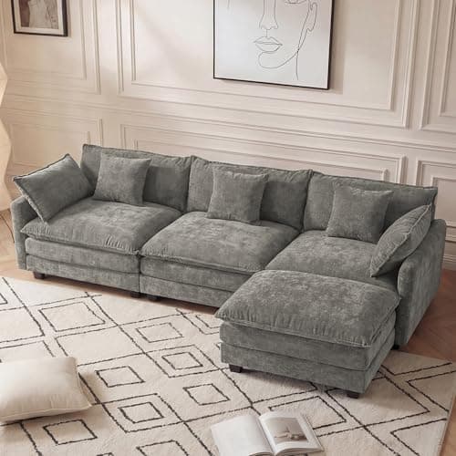Modular Sectional Sofa for Living Room, 102" Oversized Cloud Couch with Movable Ottoman, 4 Seat Modern Comfy Sofa Chenille Deep Seat Couches with L Shape, for Office Bedroom Living Room view 1