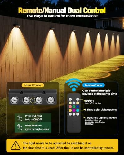 JOFIOS Fence Lights Solar Powered with Remote 12 Pack, Warm White, Cool White and RGB Color Glow LED Solar Lights Outdoor, Dusk to Dawn Solar Fence Lights for Patio, Backyard, Railing, Deck, and Wall view 4