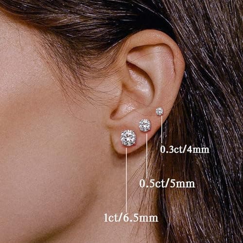 Handi Queen Moissanite Stud Earrings for Men Women, 925 Sterling Silver 18K White Gold Plated, 1CT 6.5mm Round Cut, VVS1 D Color （0.6-2ct） view 4
