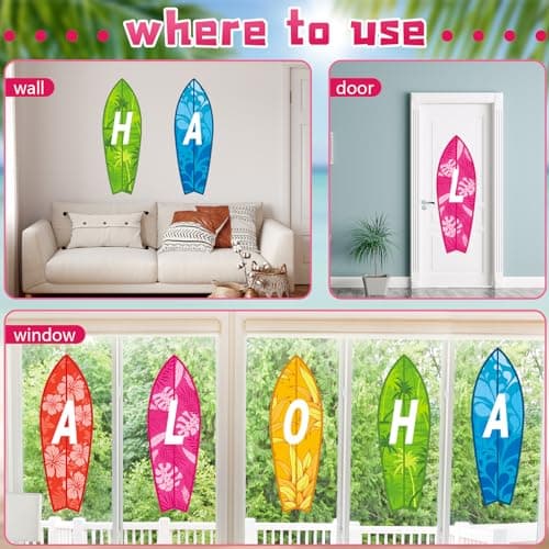Kolldenn 5 Pcs 28" Tall Summer Aloha Surfboard Cut Outs Accents Set Paper Beach Signs Cutouts Wall Decor for Hawaii Tropical Pool Surf Party Bulletin Board Decorations view 5
