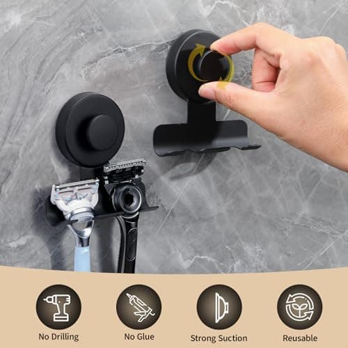 Fenas Suction Cup Razor and Shaver Holder for Shower Wall, Stainless Steel Reusable Suction Hook for Towel and Loofah, Damage-Free Installation (2, Matte Black) view 5