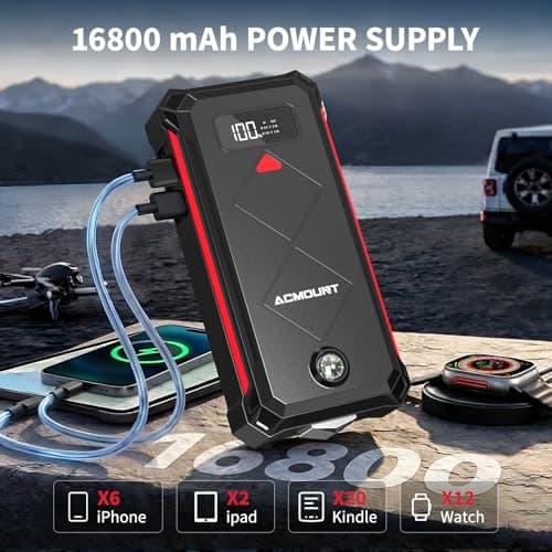 ACMOUNT P100 5000A Car Battery Jump Starter for 10.0L Gas/8.0L Diesel | 12V Portable Jump Box with Jumper Cables, Power Bank, 600LM LED Flashlight, Safety Hammer & Compass view 3