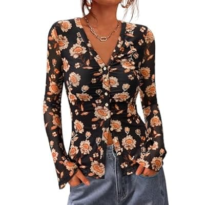 BTFBM Button Down Shirts for Women 2026 Spring Boho Tops V Neck Long Sleeve Blouses Ruched Mesh Fitted Fashion Clothing