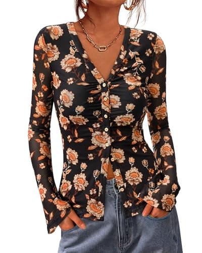 BTFBM Button Down Shirts for Women 2026 Spring Boho Tops V Neck Long Sleeve Blouses Ruched Mesh Fitted Fashion Clothing — image 1