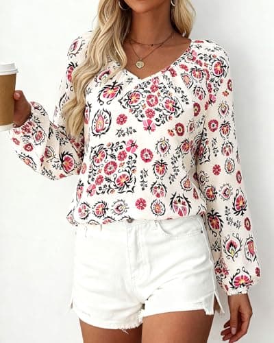 Zenlonr Women's Summer Tops Dressy Casual 2026 V Neck Satin Silk Printed Shirts Boho Long Sleeve Work Blouses view 3