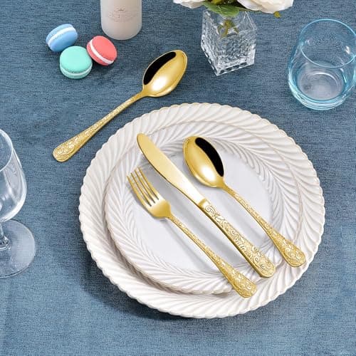 Runfly Vintage Carved Gold Stainless Steel 20 Pieces Flatware Set, Golden Silverware Set, Modern Embossed Cutlery Set Utensils Including Fork Spoon and Knife view 2