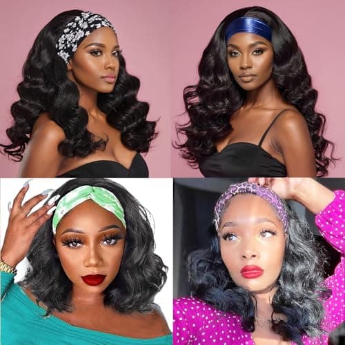 JCL Headband Wig Human Hair Body Wave Headband Wigs Human Hair Wig 14 Inch Human Hair Curly Wigs for Black Women Natural Color None Lace Front Wigs view 6