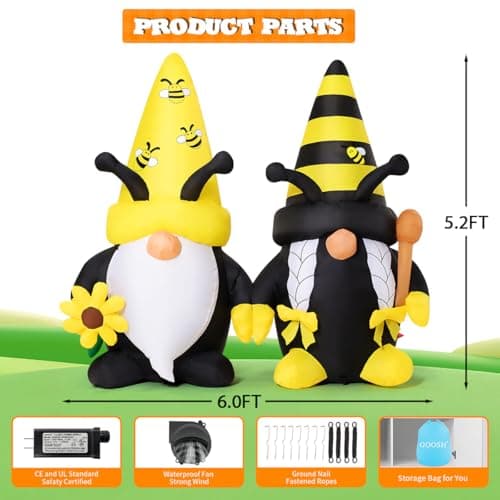GOOSH 6 FT Long Spring Inflatables Gnomes Decorations Blow Up Yard with Bees and Sunflower Built-in LEDs for Garden Lawn Indoor Party Decor view 2