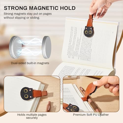 2Pcs Magnetic Bookmarks with Gift Box Magnetic Pen Holder for Notebook Cat Book Marks Clip Gift for Book Lover Readers Cute PU Leather Bookmark for Women, Cat (Brown+Brown) view 4