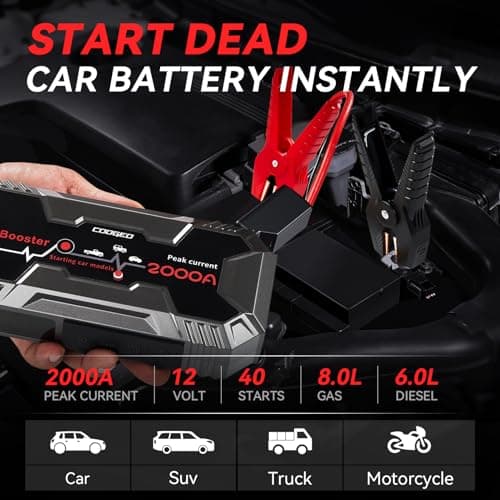 Car Battery Jump Starter Portable, 2000A Jump Starter Battery Pack for 8.0L Gasoline and 6.0L Diesel Engines, 12V Jump Box for Car Battery with EC8 Jumper Cables, Black view 2