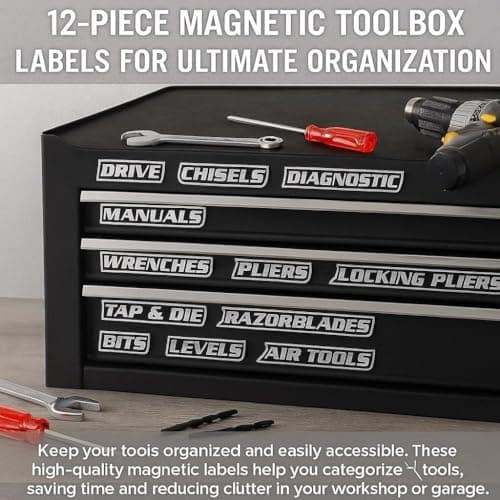 Magnetic Tool Box Organization Labels, 12 Pack Reusable Steel Cabinet Labels for Workshop Storage, Toolbox Drawer with Strong Magnet Backing (Black) view 4