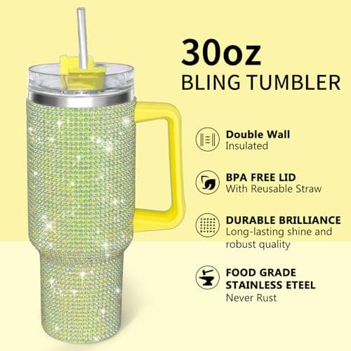 30oz Bling Rhinestone Studded Tumbler with Top Handle, Bling Cups Stainless Steel Water Bottle Diamond Glitter Tumbler for Women - Birthday Gifts for Women, Mom,Get Well Soon Gifts (Pomelo) view 3