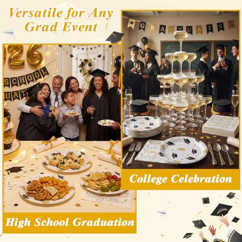 NatNarr 2026 Graduation Plates and Napkins, 50 Pcs Black and Gold Graduation Decorations with 7 Inch Grad Dessert Cake Plates，6.5 Inch Napkins for Class of 2026 Kindergarten Middle High College School view 6