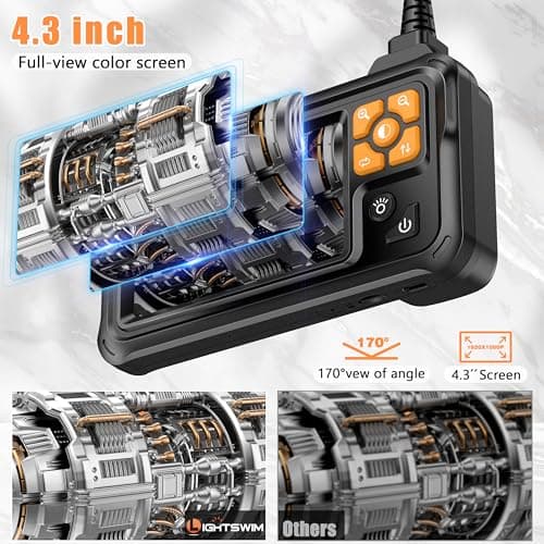Industrial HD Digital Borescope, Lightswim 1080P 4.3" IPS Endoscope Inspection Camera with Handheld IP67 Waterproof Snake Sewer with 8 LED Lights 16.5ft Semi-Rigid Cable view 3