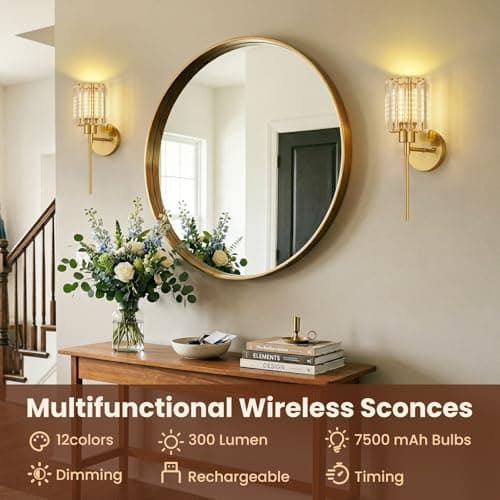 Crystal Battery Operated Wall Sconces, Brushed Gold Rechargeable Wireless Wall Sconce Lights with Dimmable Bulbs and Remote, 12 Colors and 3CCT Dimmable Crystal Lamps for Living Bedroom, 3000~6000K view 2