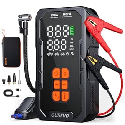 GUREVO 2000A Jump Starter with Air Compressor, Car Battery Jumper Starter Portable with 160PSI Auto-Shutoff Tire Inflator, Car Battery Charger Jump Box for 8.0L Gas/6.0L Diesel Engines
