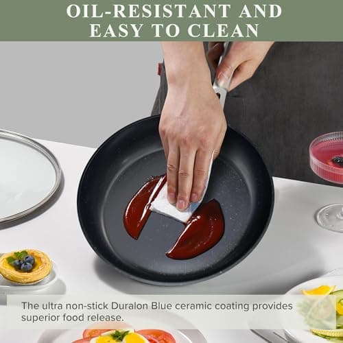 Nuwave Healthy Duralon Blue Ceramic Nonstick Cookware Set, Diamond Infused Scratch-Resistant, PFAS Free, Dishwasher & Oven Safe, Induction Ready & Evenly Heats, Tempered Glass Lids & Stay-Cool Handles view 6