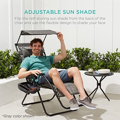 Best Choice Products Folding Zero Gravity Outdoor Recliner Patio Lounge Chair w/Adjustable Canopy Shade, Headrest, Side Accessory Tray, Textilene Mesh - American Flag view 5