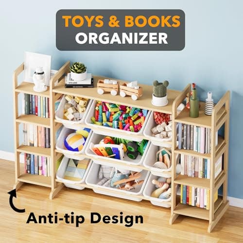 SpaceAid Large Toy Storage Organizer 9 Shelves 9 Bins, Toy Organizers Storage Bookshelf, Kids Bin Shelf Toys Box Bookcase for Bedroom Playroom Organization Room Decor, White view 5
